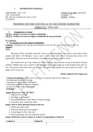 Première page de Anglais 5e — 1er devoir surveillé, 2e semestre (2020-2021) · CEG FIYEGNON