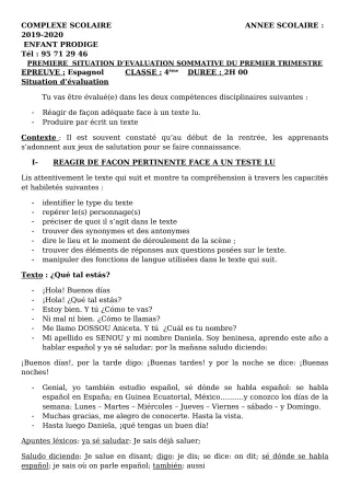 Première page de Espagnol 4e ML — Évaluation sommative, 1er trimestre (2019-2020) · CPEG ENFANT PRODIGE