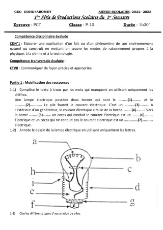 Première page de PCT 6e — 1re production scolaire, 1er semestre (2022-2023) · CEG GOHO