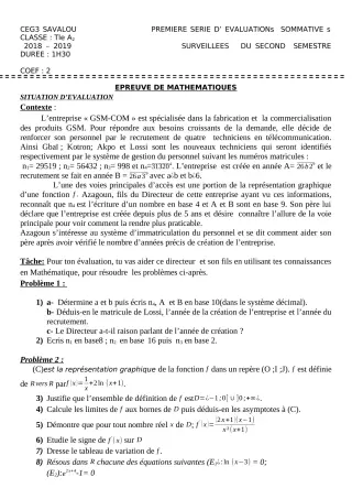 Première page de Mathématiques Tle A & B — Évaluation sommative, 2e semestre (2018-2019) · CEG 3 SAVALOU