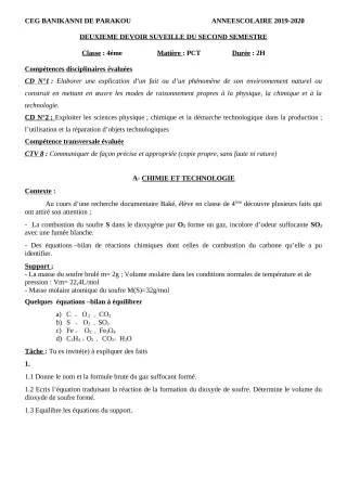 Première page de PCT 6e, 5e, 4e, 3e, 2nde C, 2nde D, 1ère C, 1ère D, Tle D — 2e devoir surveillé, 2e semestre (2019-2020) · CEG Banikanni
