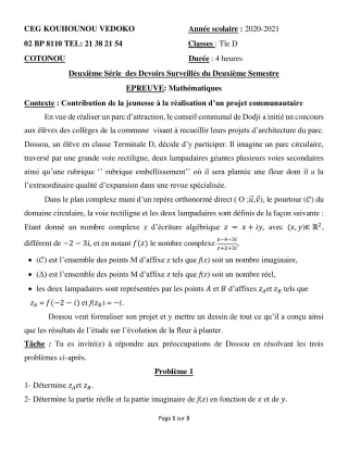 Première page de Mathématiques Tle D — 2e devoir surveillé, 2e semestre (2020-2021) · CEG Kouhounou-Vêdoko