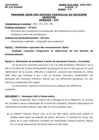 Première page de SVT 3e, 3e ML — 1er devoir surveillé, 2e semestre (2020-2021) · CEG PAHOU