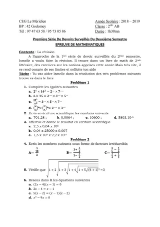 Première page de Mathématiques 2nde A & B — 1er devoir surveillé, 2e semestre (2018-2019) · CEG Le Méridien