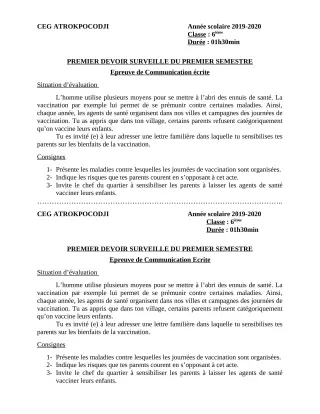 Première page de Français 6e — 1er devoir surveillé, 1er semestre (2019-2020) · CEG ATROKPOCODJI