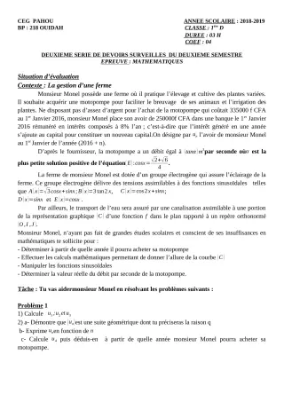 Première page de Mathématiques 1ère D — 2e devoir surveillé, 2e semestre (2018-2019) · CEG PAHOU