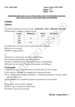 Première page de Histoire-Géographie 6e, 5e, 4e, 4e ML, 3e, 3e ML — 1re évaluation sommative, 1er semestre (2019-2020) · CEG ADJAGBO