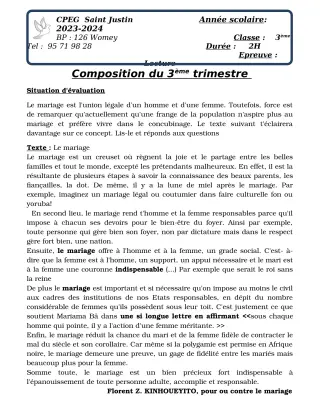 Première page de Français 3e, 1ère A2, 1ère B, 1ère C, 1ère D — Composition, 3e trimestre (2023-2024) · CPEG SAINT Justin