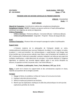Première page de Philosophie 2nde A & B, 2nde A2, 2nde B — 1er devoir surveillé, 1er semestre (2020-2021) · CEG PAHOU