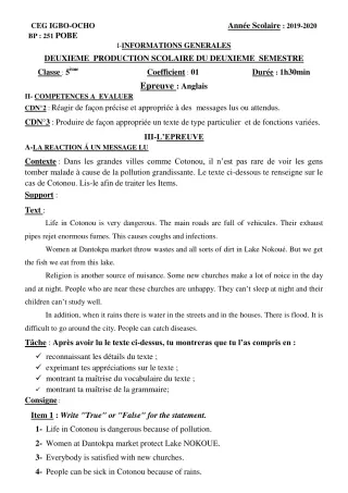 Première page de Anglais 5e — 2e production scolaire, 2e semestre (2019-2020) · CEG Igbo-ocho