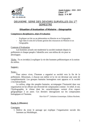Première page de Histoire-Géographie 6e — 2e devoir surveillé, 1er semestre (2018-2019) · CEG Sékou