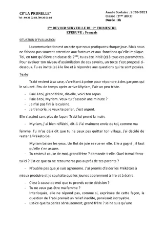 Première page de Français 1ère B, 1ère D, Tle A2, Tle C, Tle D — 1er devoir surveillé, 1er trimestre (2021-2022) · CEPG La Prunelle de Dieu