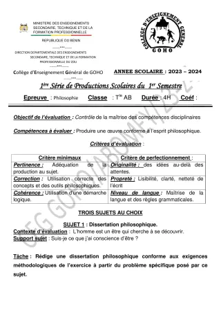 Première page de Philosophie Tle A & B — 1re production scolaire, 1er semestre (2023-2024) · CEG GOHO