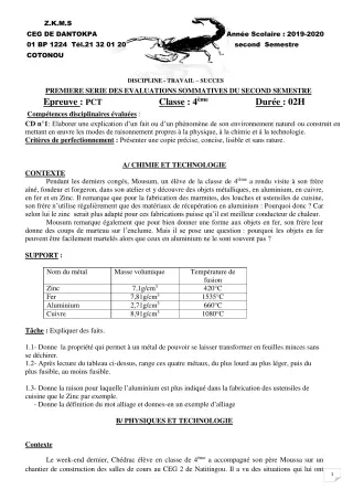Première page de PCT 4e, 4e ML, 4e ML&MC — 1re évaluation sommative, 2e semestre (2019-2020) · CEG Dantokpa