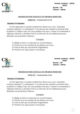 Première page de Français 4e, 4e ML — 1er devoir surveillé, 1er trimestre (2019-2020) · CPEG ROSAIRE