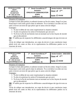 Première page de Français 6e — 1er devoir surveillé, 2e semestre (2018-2019) · CEG Gbéto/ze