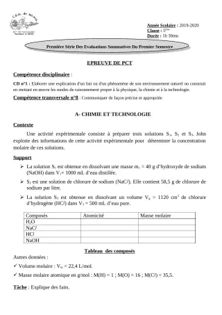 Première page de PCT 5e — 1re évaluation sommative, 1er semestre (2019-2020) · CEG Sô-Ava
