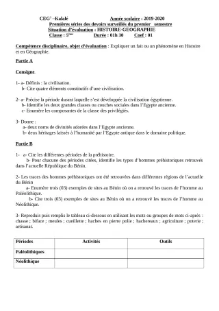 Première page de Histoire-Géographie 5e — Devoir surveillé, 1er semestre (2019-2020) · CEG1 Kalalé