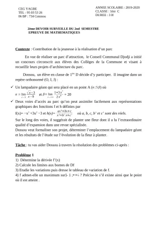 Première page de Mathématiques 1ère C — 2e devoir surveillé, 2e semestre (2019-2020) · CEG Yagbe