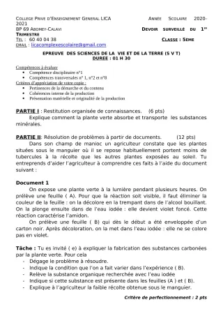 Première page de SVT 5e — Devoir surveillé, 1er trimestre (2020-2021) · CPEG LICA