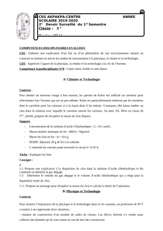 Première page de PCT 3e — 2e devoir surveillé, 1er semestre (2019-2020) · CEG 1 Akpakpa-Centre