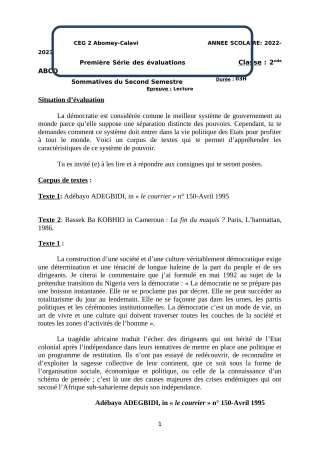 Première page de Français 2nde A & B — 1re évaluation sommative, 2e semestre (2022-2023) · CEG2 ABOMEY - CALAVI (CEG ZOCA)