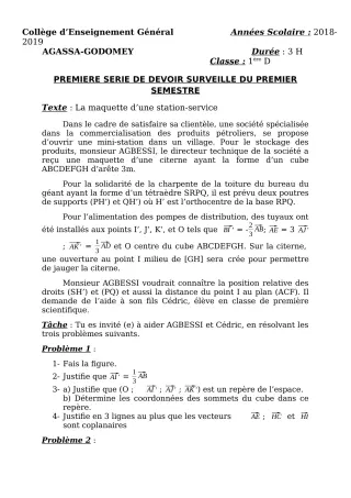 Première page de Mathématiques 2nde C, 1ère A, 1ère B, 1ère C, 1ère D, Tle B, Tle C — 1er devoir surveillé, 1er semestre (2018-2019) · CEG Agassa Godomey
