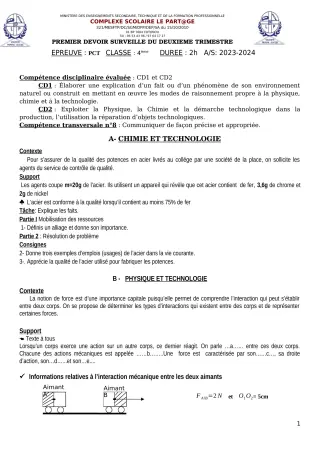Première page de PCT 4e — 1er devoir surveillé, 2e trimestre (2023-2024) · CPEG le Partage