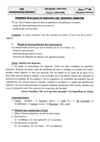 Première page de Espagnol 4e ML — 2020-2021 · CEG Kouhounou-Vêdoko