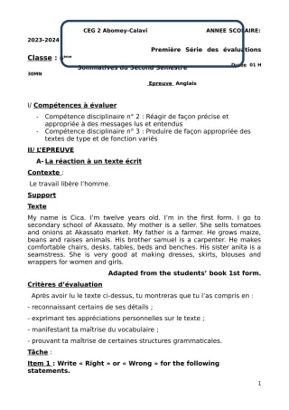 Première page de Anglais 6e — 1re évaluation sommative, 2e semestre (2023-2024) · CEG2 ABOMEY - CALAVI (CEG ZOCA)