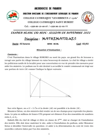 Première page de Examen Blanc de MATHS GENE — 3e — Hibiscus 1er cycle (2021)