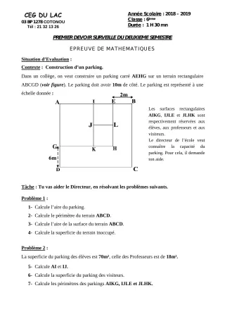 Première page de Mathématiques 6e — 1er devoir surveillé, 2e semestre (2018-2019) · CEG du Lac