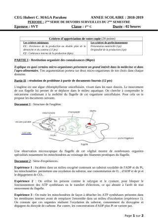 Première page de SVT 1ère C — Devoir surveillé, 2e semestre (2018-2019) · CEG Hubert C. MAGA