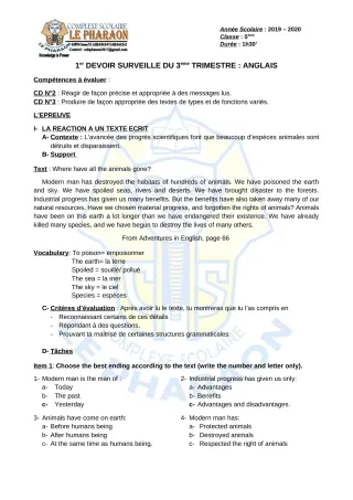 Première page de Anglais 5e — 1er devoir surveillé, 3e trimestre (2019-2020) · CPEG LE PHARAON