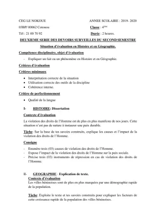 Première page de Histoire-Géographie 4e — 2e devoir surveillé, 2e semestre (2019-2020) · CEG LE NOKOUE