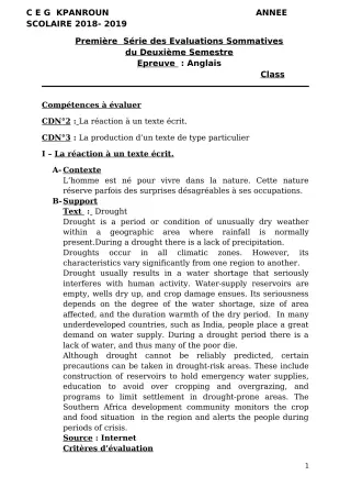Première page de Anglais 3e ML — 1re évaluation sommative, 2e semestre (2018-2019) · CEG Kpanroun