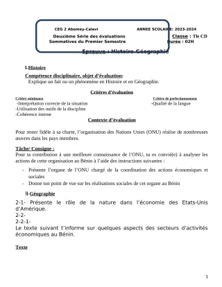 Première page de Histoire-Géographie Tle B — 2e évaluation sommative, 1er semestre (2023-2024) · CEG2 ABOMEY - CALAVI (CEG ZOCA)