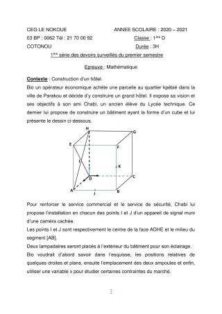 Première page de Mathématiques 1ère D — 1er devoir surveillé, 1er semestre (2020-2021) · CEG LE NOKOUE