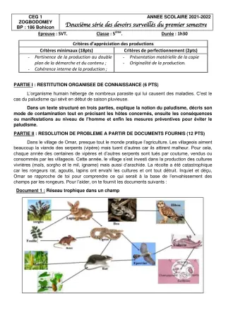 Première page de SVT 5e — 2e devoir surveillé, 1er semestre (2021-2022) · CEG 1 ZOGBODOMEY