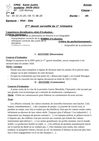 Première page de Histoire-Géographie 1ère A2, 1ère B, 1ère C, 1ère D — 2e devoir surveillé, 1er trimestre (2020-2021) · CPEG SAINT Justin