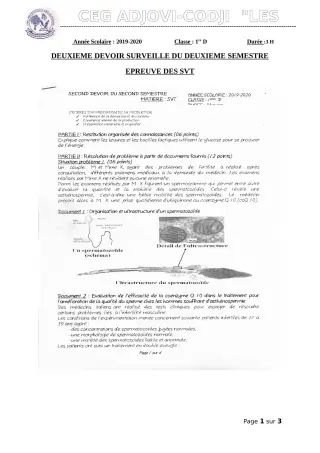 Première page de SVT 1ère D — 2e devoir surveillé, 2e semestre (2019-2020) · CEG ADJOVICODJI 'LES OLIVIERS'