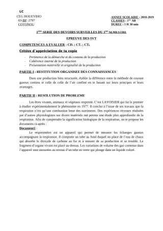 Première page de SVT 1ère A, 1ère B — 1er devoir surveillé, 1er semestre (2018-2019) · CEG HOUEYIHO