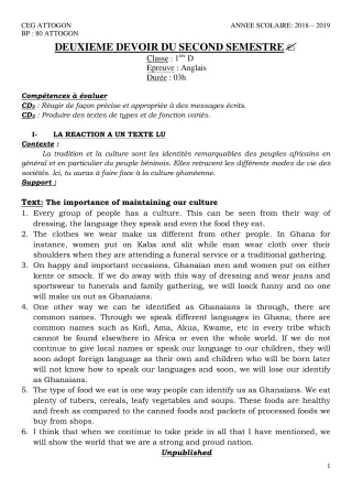 Première page de Anglais 1ère D — 2e devoir surveillé, 2e semestre (2018-2019) · CEG Attogon