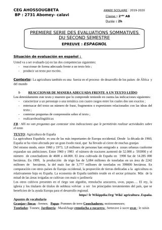 Première page de Espagnol 2nde A & B — 1re évaluation sommative, 2e semestre (2019-2020) · CEG Ahossougbéta