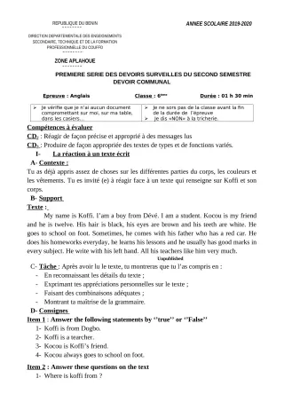 Première page de Anglais 6e, 5e, 4e, 4e ML, 4e ML&MC, 3e, 3e ML, 2nde A, 2nde A2, 2nde B, 2nde C, 2nde D, 1ère A, 1ère A1, 1ère A2, 1ère B, 1ère C, 1ère D — 1er devoir surveillé, 2e semestre (2019-2020) · CEG1 AZOVE