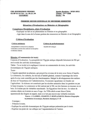 Première page de Histoire-Géographie 2nde A & B — 1er devoir surveillé, 2e semestre (2020-2021) · CEG Kouhounou-Vêdoko
