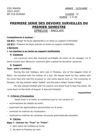 Première page de Anglais 5e — 1er devoir surveillé, 1er semestre (2022-2023) · CEG PAHOU