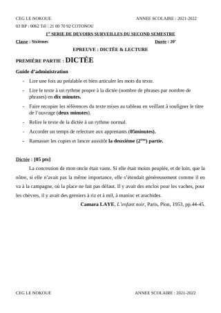 Première page de Français 6e — 1er devoir surveillé, 2e semestre (2021-2022) · CEG LE NOKOUE