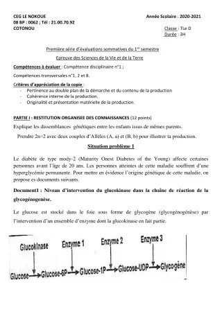 Première page de SVT Tle D — Évaluation sommative, 1er semestre (2020-2021) · CEG LE NOKOUE