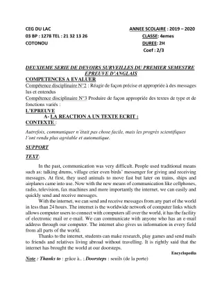 Première page de Anglais 4e, 4e ML — 2e devoir surveillé, 1er semestre (2019-2020) · CEG du Lac